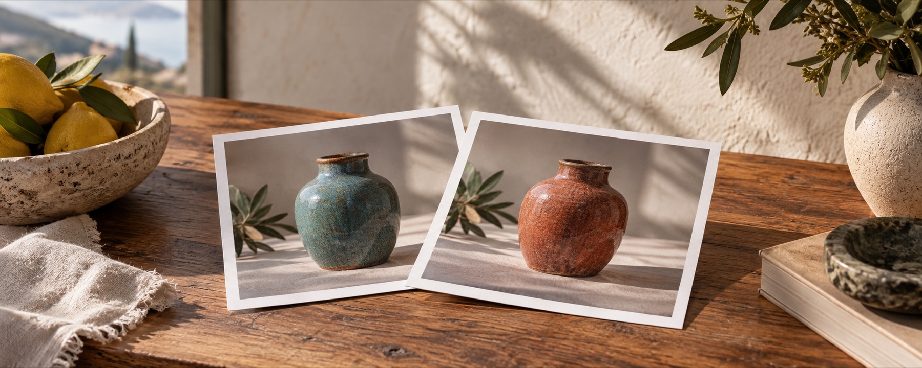 Overlapping still-life prints showing one ceramic object in two believable colours.
